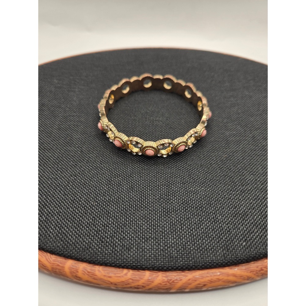 Vintage Gold Tone Pink Cabochon Rhinestone Bangle Bracelet UV Reactive Glow